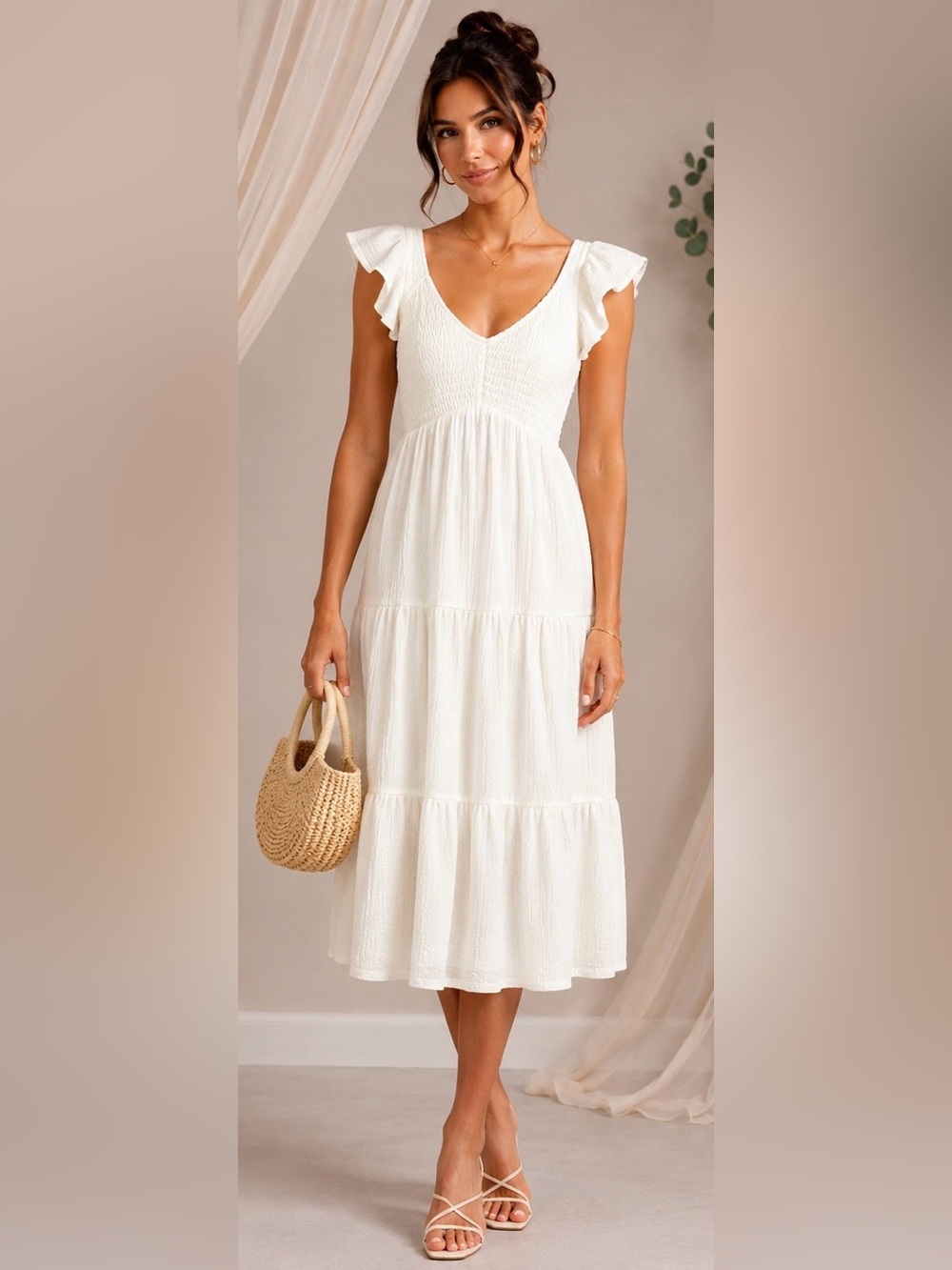 Madden Girl White Textured Tie Back Flutter Sleeve Midi Dress NWT Large